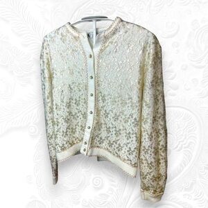 EUC Vintage 60s Metallic Gold Lace Cardigan Sweater Size Small Holiday